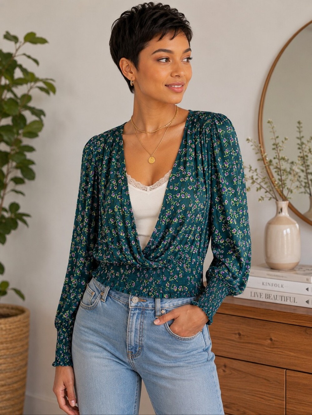 GAP Green Floral Smocked Wrap Blouse Small Cottagecore Boho Puff Sleeve Top - Picture 16 of 16